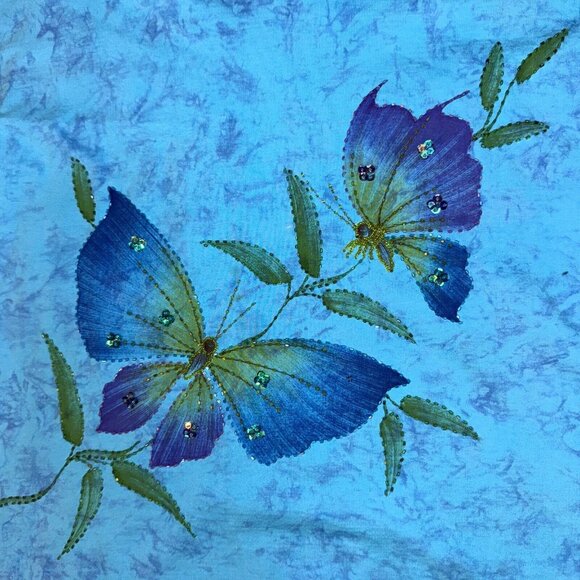 Coconut Reed Butterfly Beaded Sequin Blue Tie-dye Tshirt - XL Cotton Beach Top - Picture 3 of 5